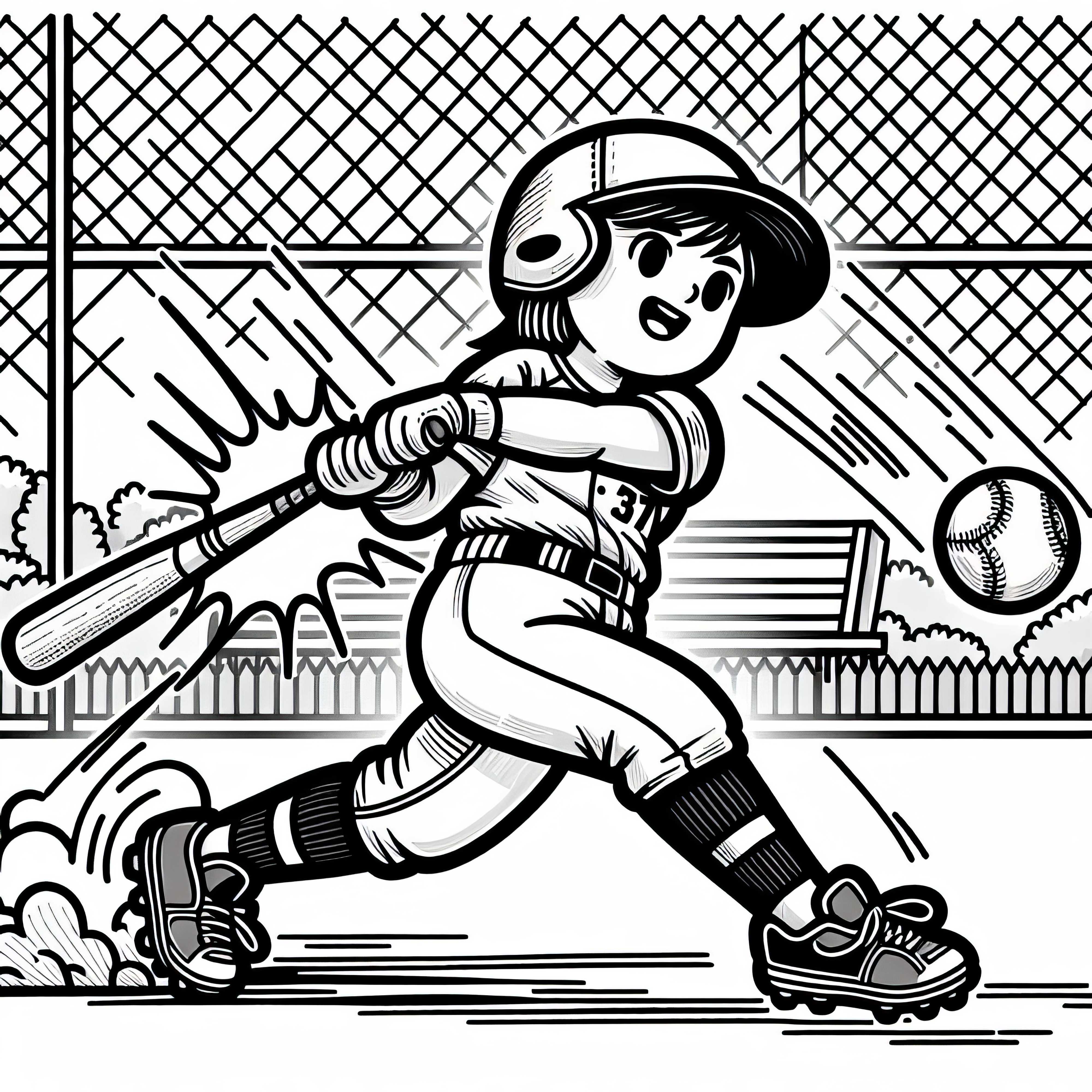 Pemain softball memukul bola dengan penuh tenaga ke lapangan - Gambar untuk diwarnai gratis