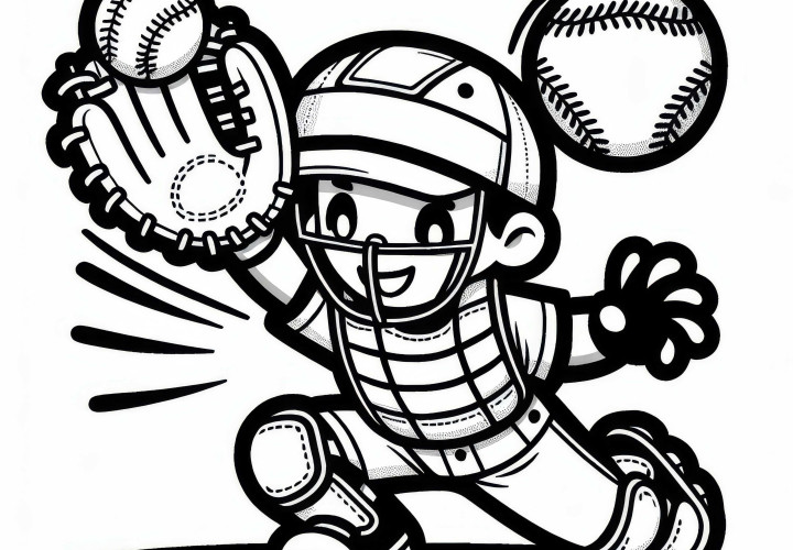 Penangkap menangkap bola dalam softball - Gambar mewarnai gratis