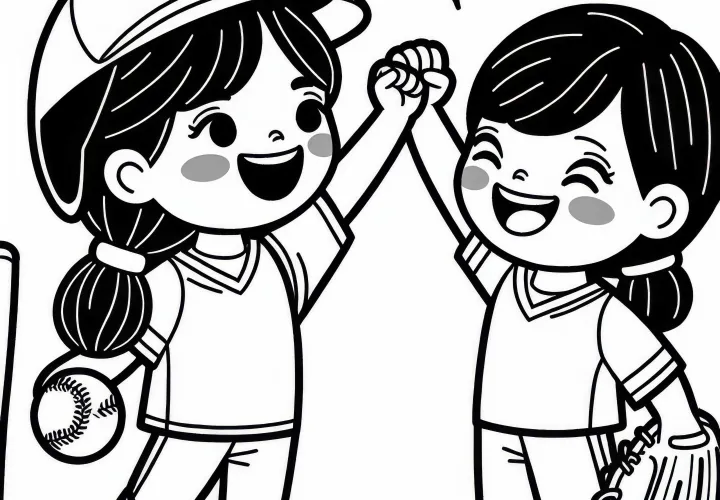 Two softball players cheer after a play – Free coloring page