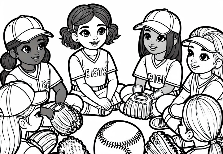 Tim softball sedang berdiskusi sebelum langkah berikutnya - Gambar mewarnai gratis