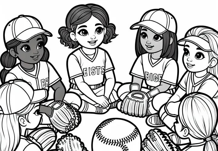 Softball team consults before the next play – Coloring page free of charge