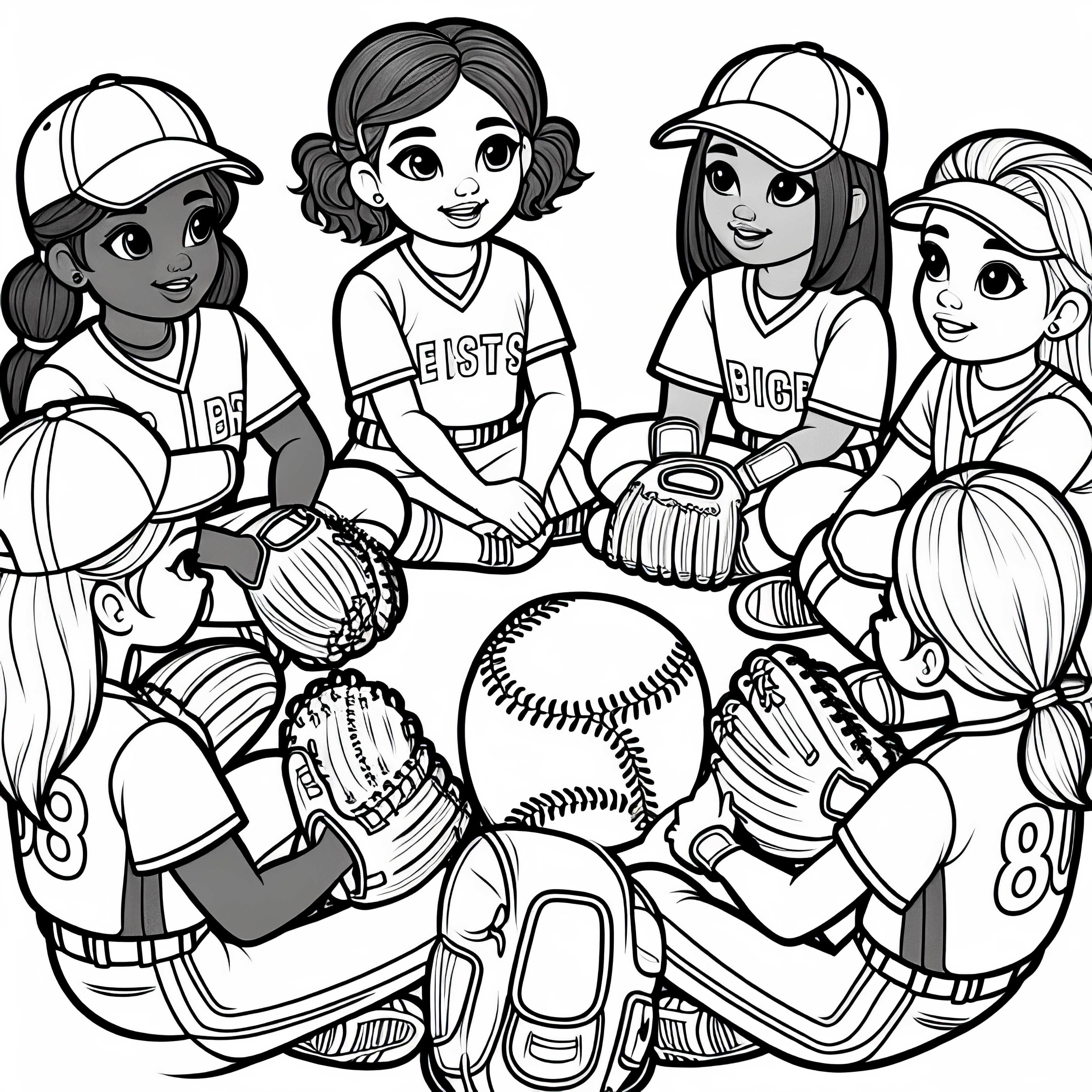 Tim softball sedang berdiskusi sebelum langkah permainan berikutnya - Gambar untuk diwarnai gratis