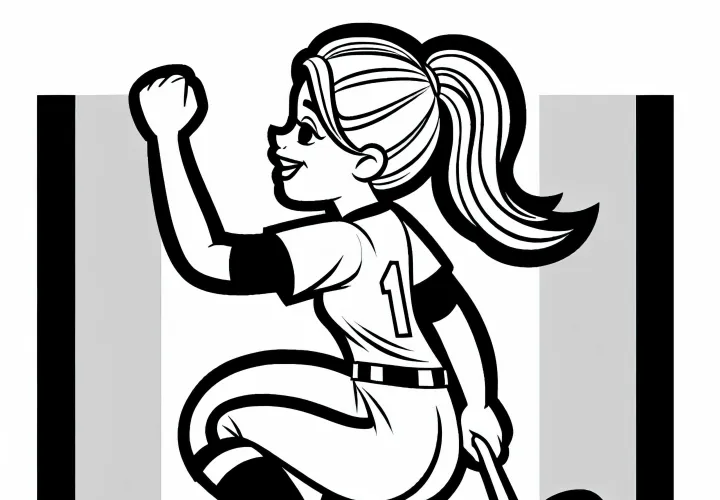 Softball player touches home plate and celebrates the point – free coloring page