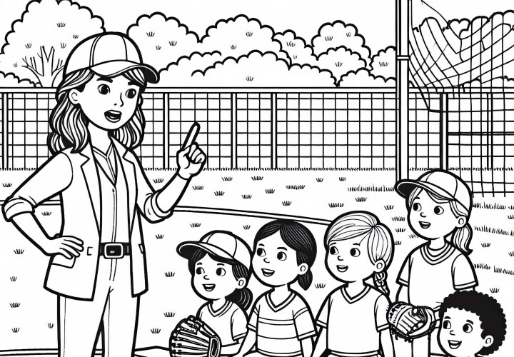 Pelatih softball memberikan instruksi kepada tim – Gambar untuk diwarnai dapat diunduh secara gratis