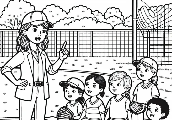 Softball coach gives the team instructions – Coloring page available for free download