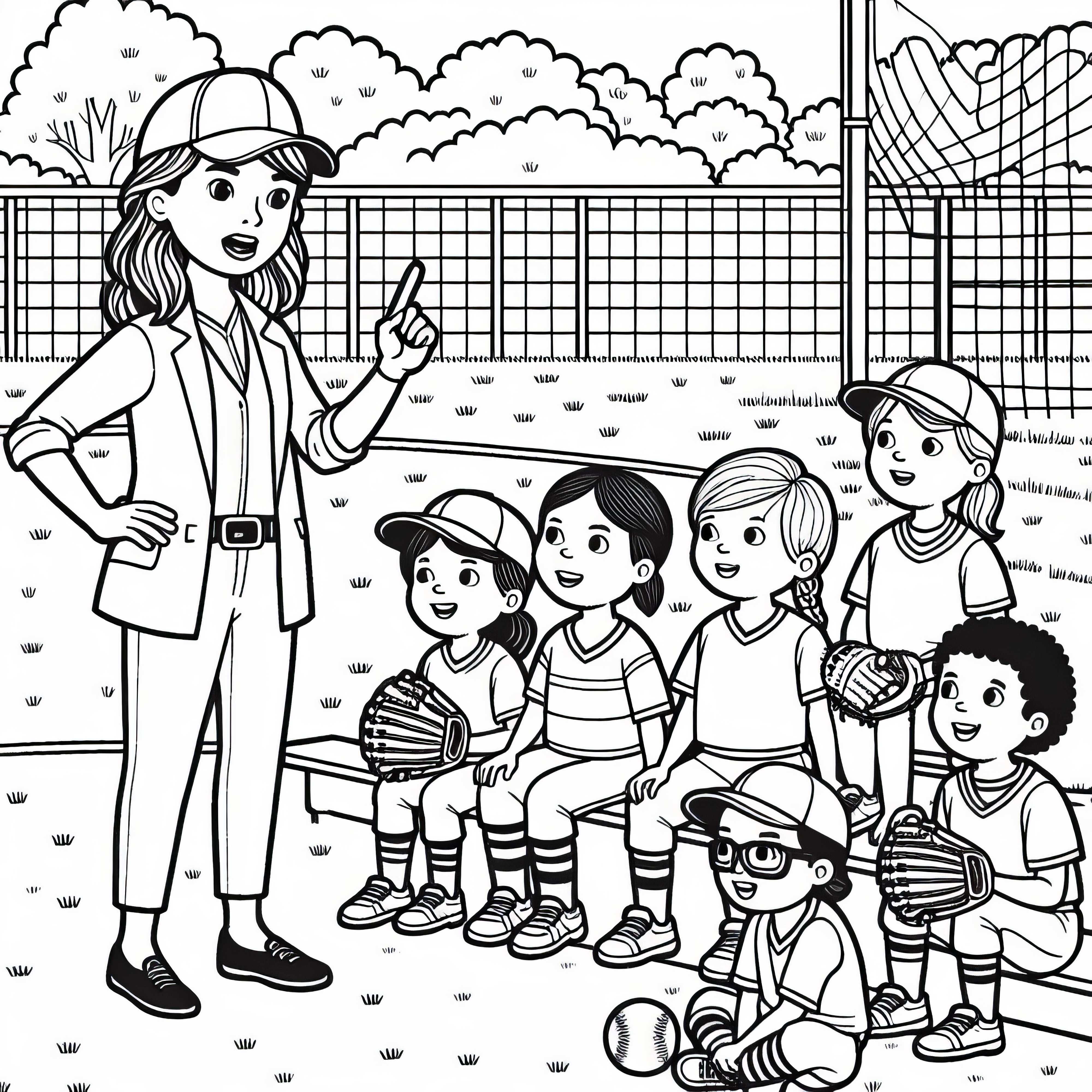 Pelatih softball memberikan arahan kepada tim - Gambar mewarnai untuk diunduh gratis
