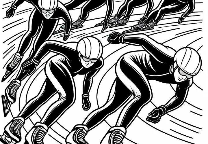 Group of speed skaters training on cornering – free coloring page