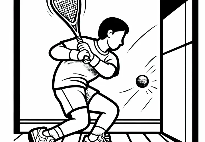 Squash player hits ball powerfully against wall – Free coloring page