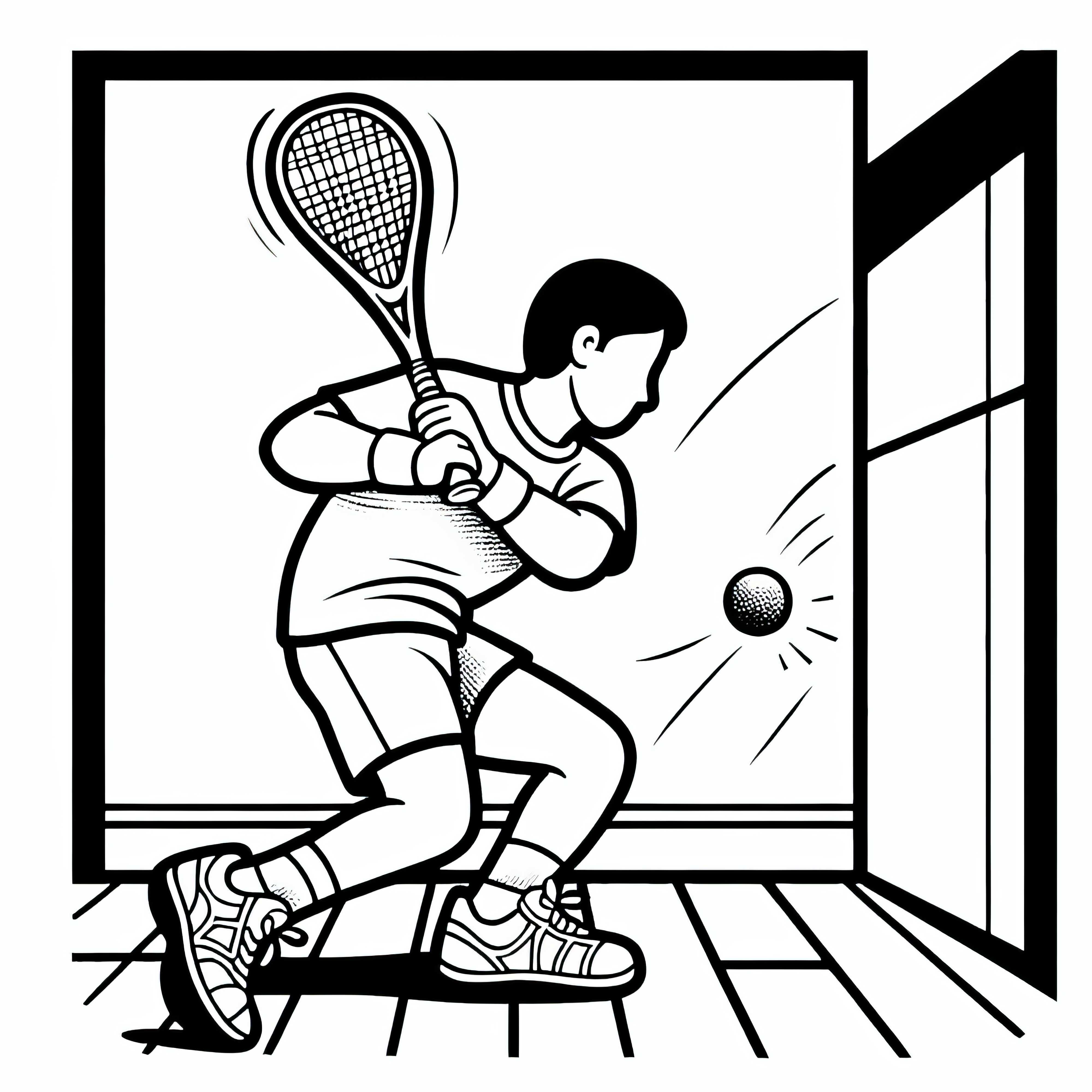 Squash player hits ball powerfully against wall – Free coloring page