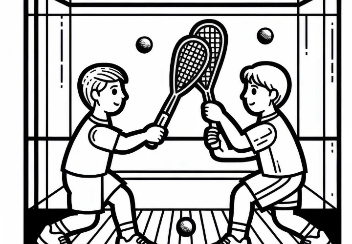 Two squash players exchange quick rallies - free coloring template