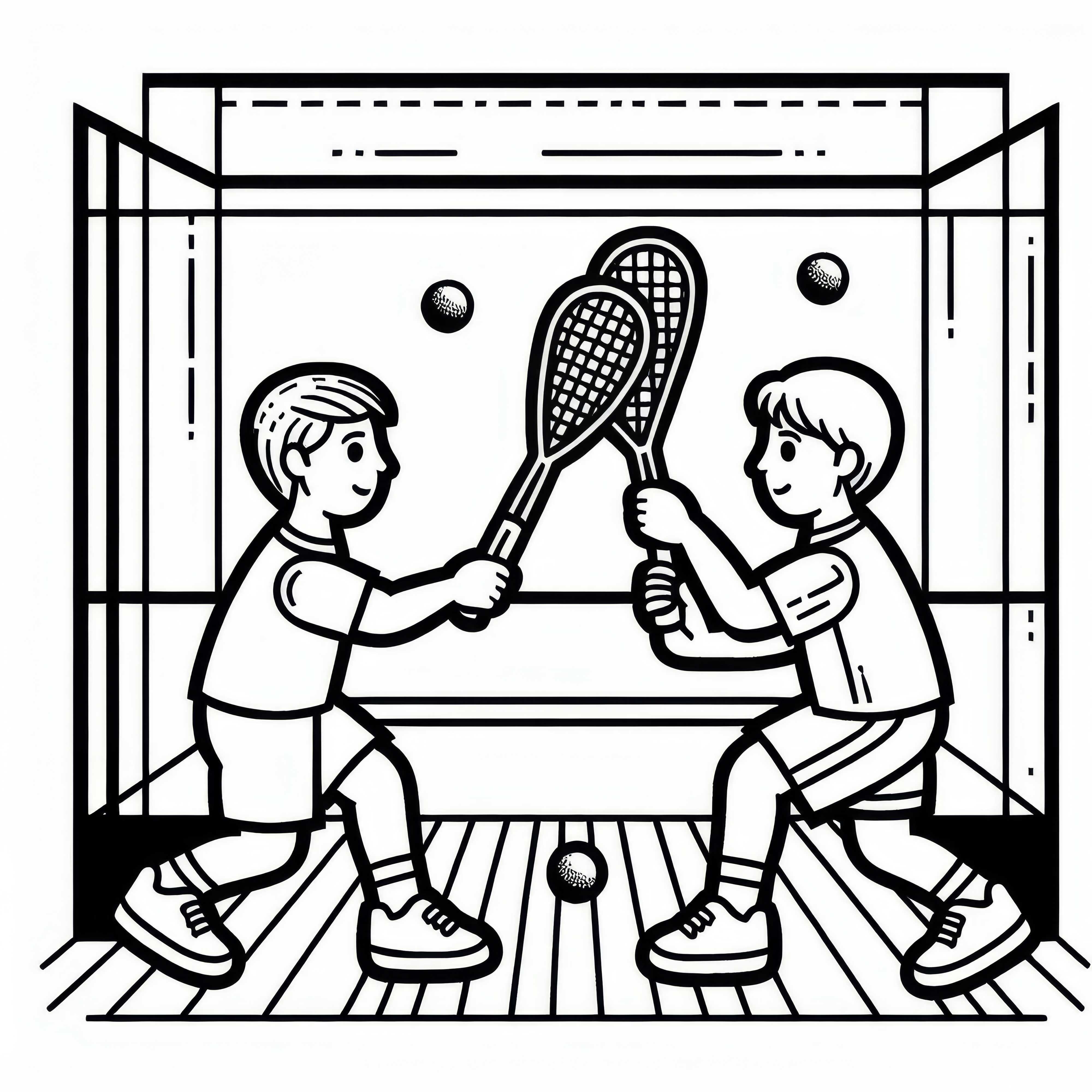 Two squash players exchange quick rallies – free coloring page