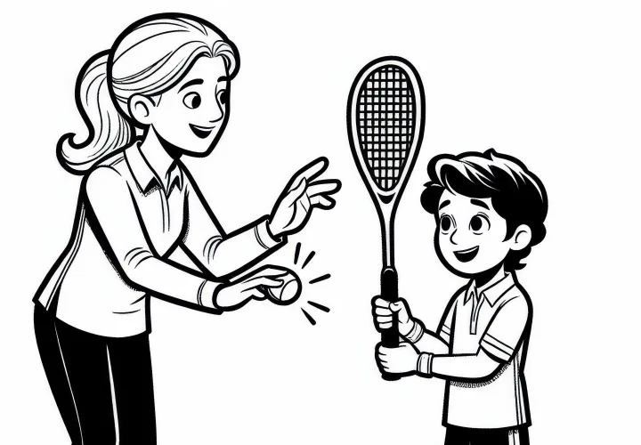 Squash trainer gives beginners instructions on stroke technique - free coloring template