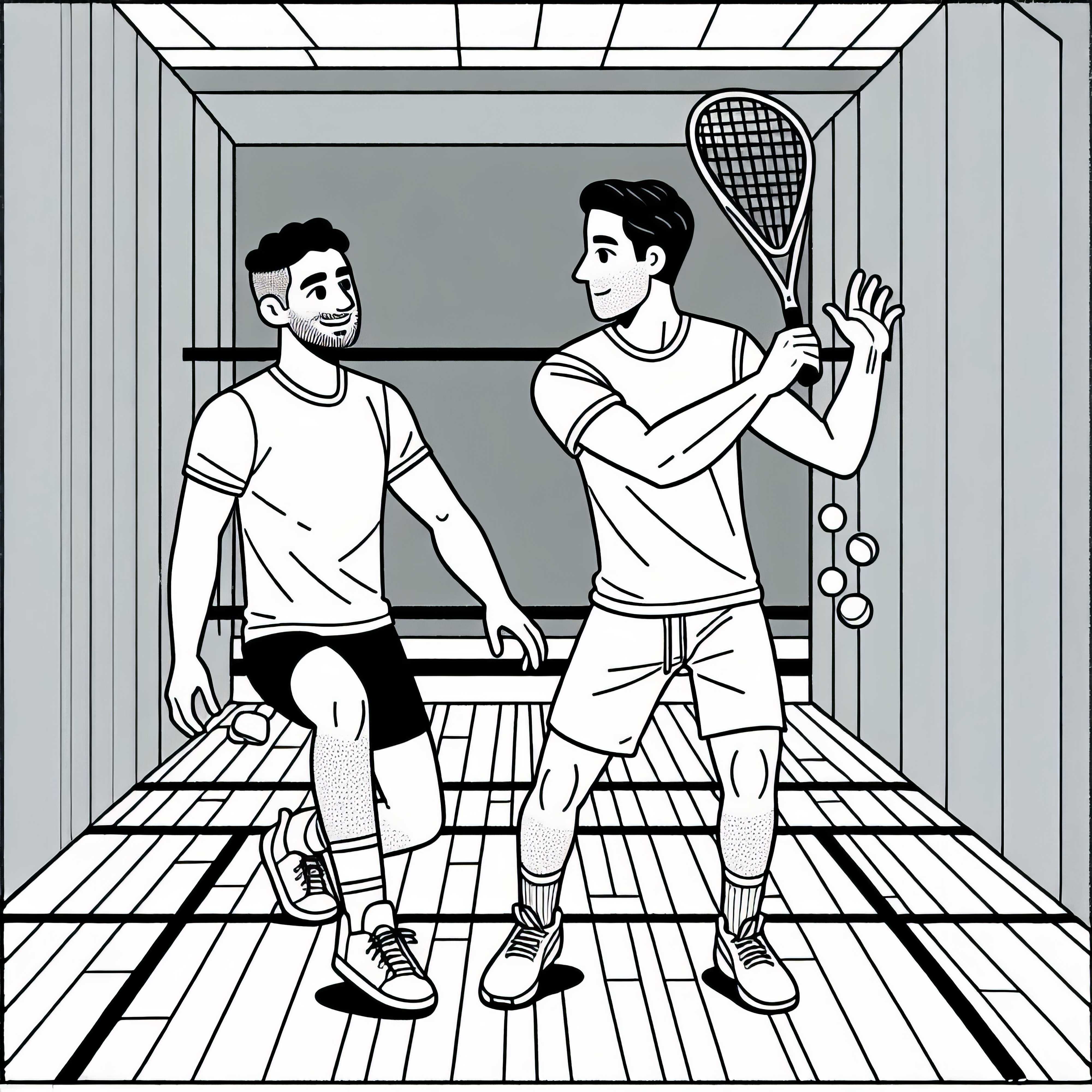 Two friends are playing squash for fun in the recreation center – Free coloring page