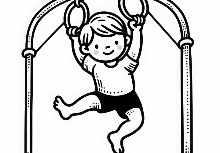 Boy doing gymnastics on rings – Coloring page to print