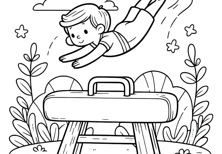 Child jumps over the horse in gymnastics – Coloring page simple and free
