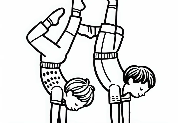 Children do partner handstands – free coloring page