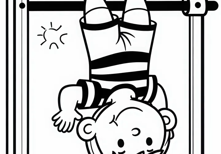 Boy hanging upside down on a horizontal bar – Free coloring page