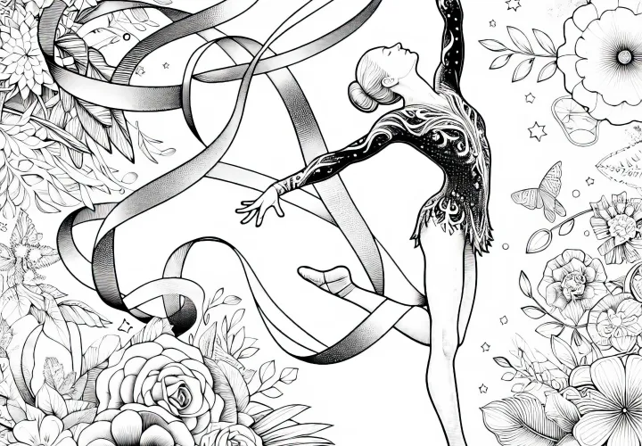 Gymnasts perform an elegant ribbon exercise in rhythmic gymnastics – detailed free coloring page