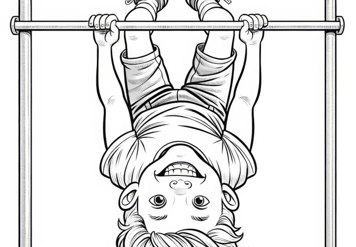 Boy hanging upside down from a parallel bar – detailed coloring page for free