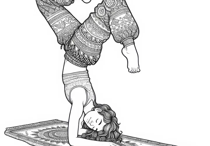 Girl doing a handstand on a mat - detailed coloring page for free