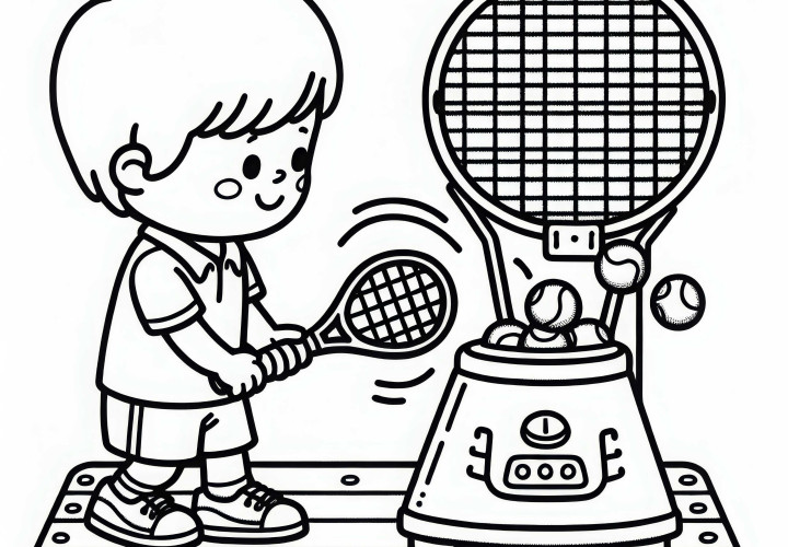 Criança pratica tênis com máquina de bolinhas - Desenho para colorir gratuito