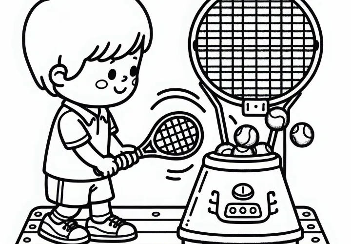 Child practicing tennis with ball machine - Free coloring page