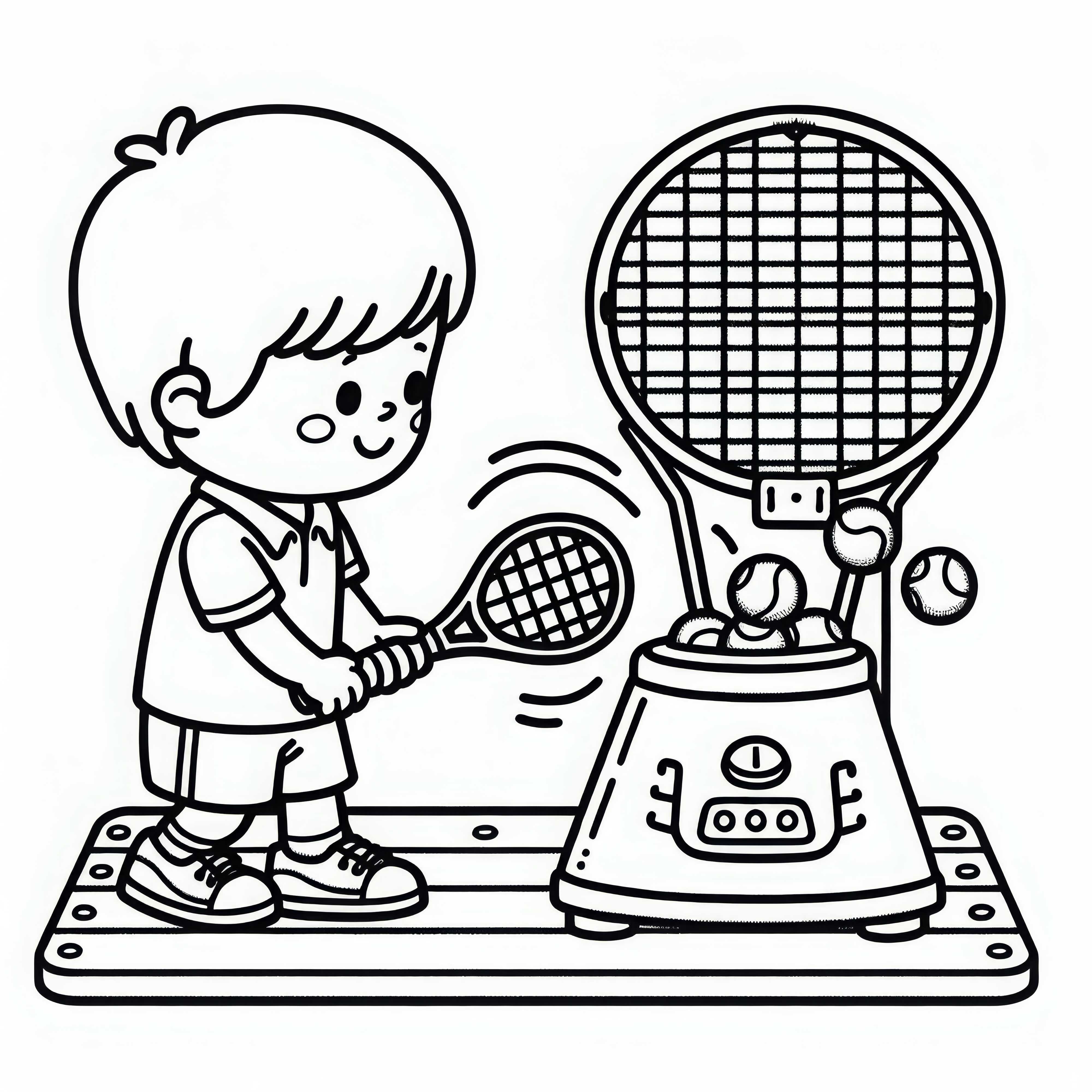 Criança treinando tênis com máquina de bolas - Desenho para colorir gratuito