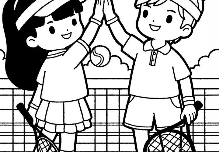 Tennis doubles team gives a high-five after a point - free coloring page