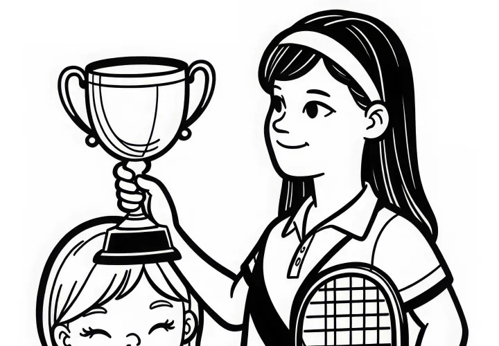 Tennis player proudly holds her trophy after tournament victory – Free coloring page