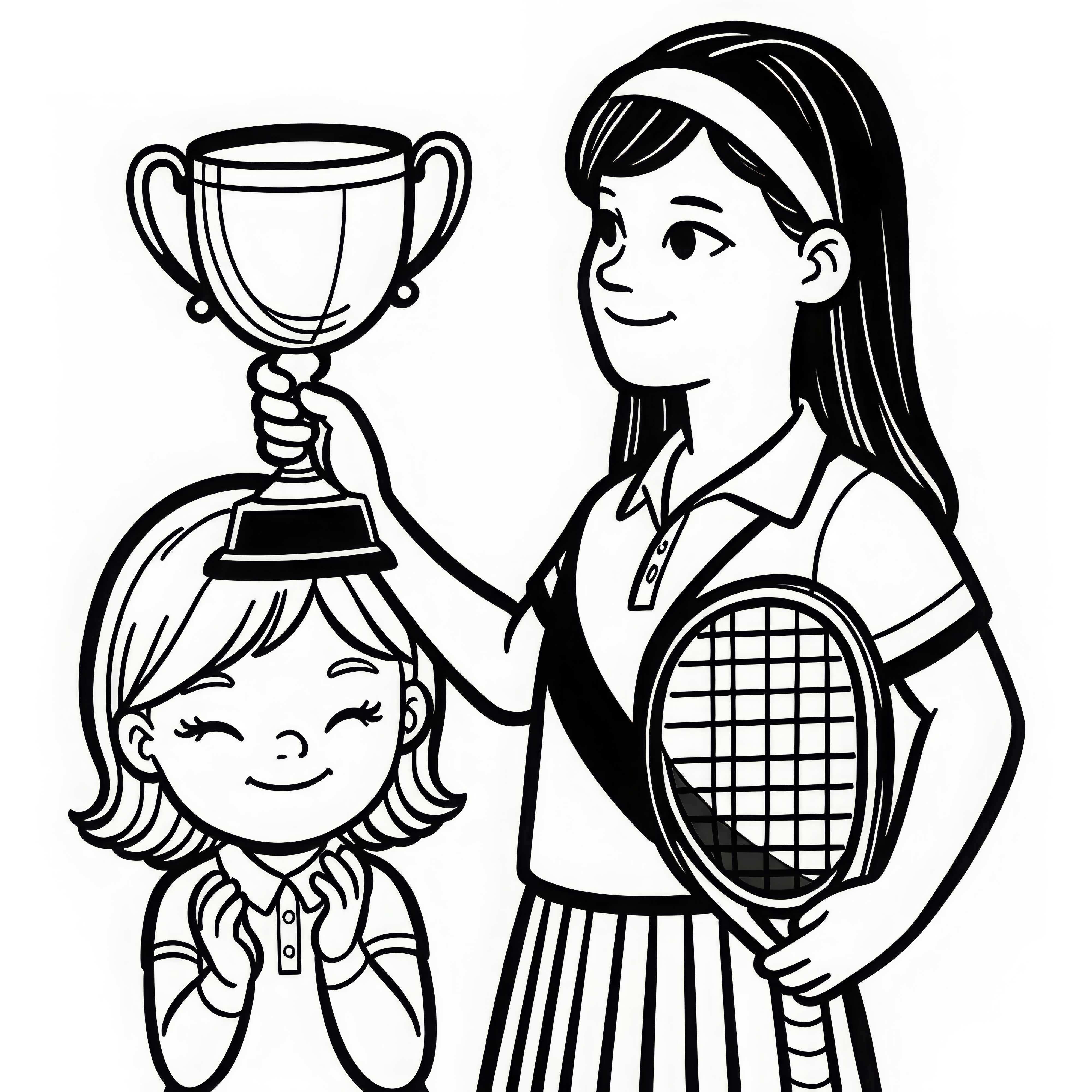 Jogadora de tênis segura orgulhosamente seu troféu após vencer o torneio - Desenho para colorir grátis