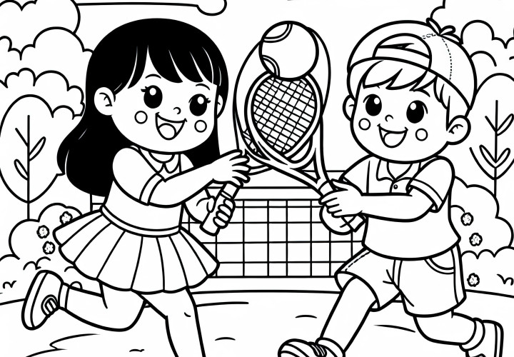 Duas crianças jogando tênis no parque - Desenho para colorir grátis