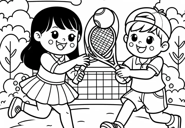 Two children are playing tennis in the park - coloring page free
