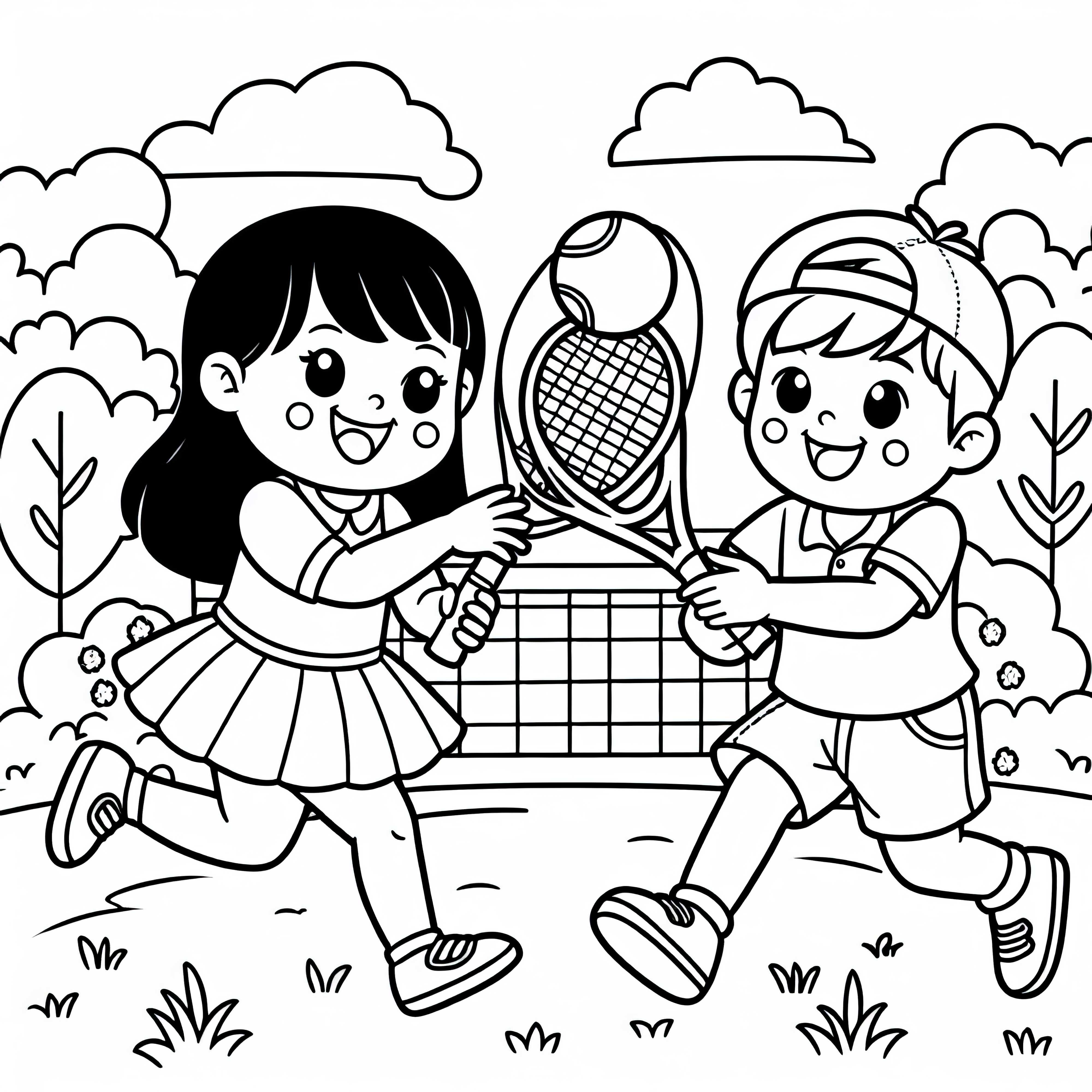 Duas crianças jogando tênis no parque - Desenho para colorir grátis