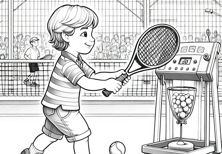 Child practices tennis with a ball machine - detailed coloring page for free