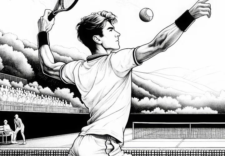 Tennis player hits ball – detailed coloring page for free