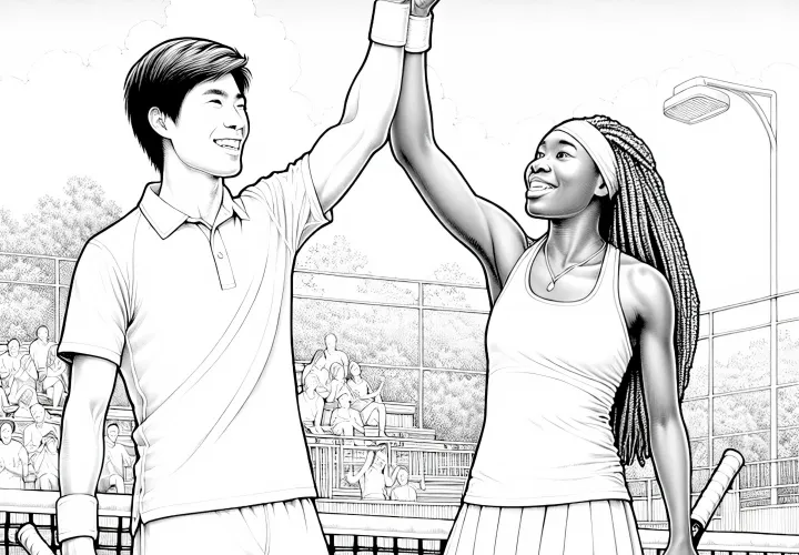 Tennis doubles team gives each other high-five after point - detailed coloring page for free