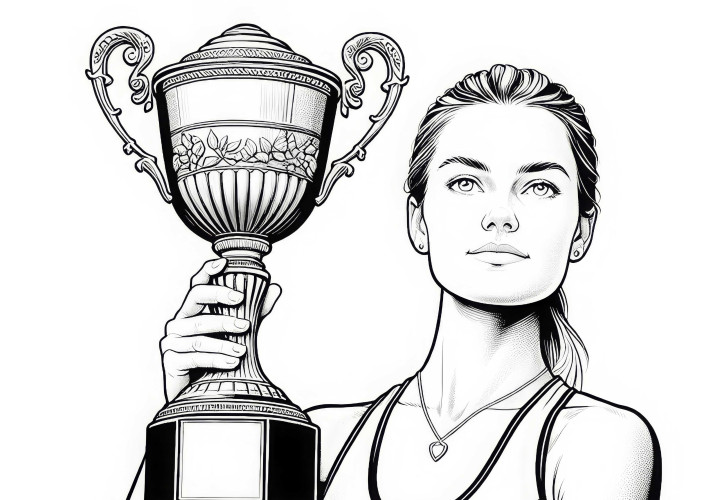 Jogadora de tênis segura orgulhosamente o troféu após a vitória no torneio – Desenho para colorir em qualidade rica em detalhes