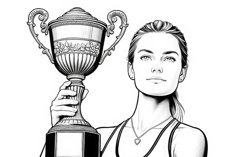 Tennis player proudly holds the trophy after tournament victory – coloring page in detailed quality