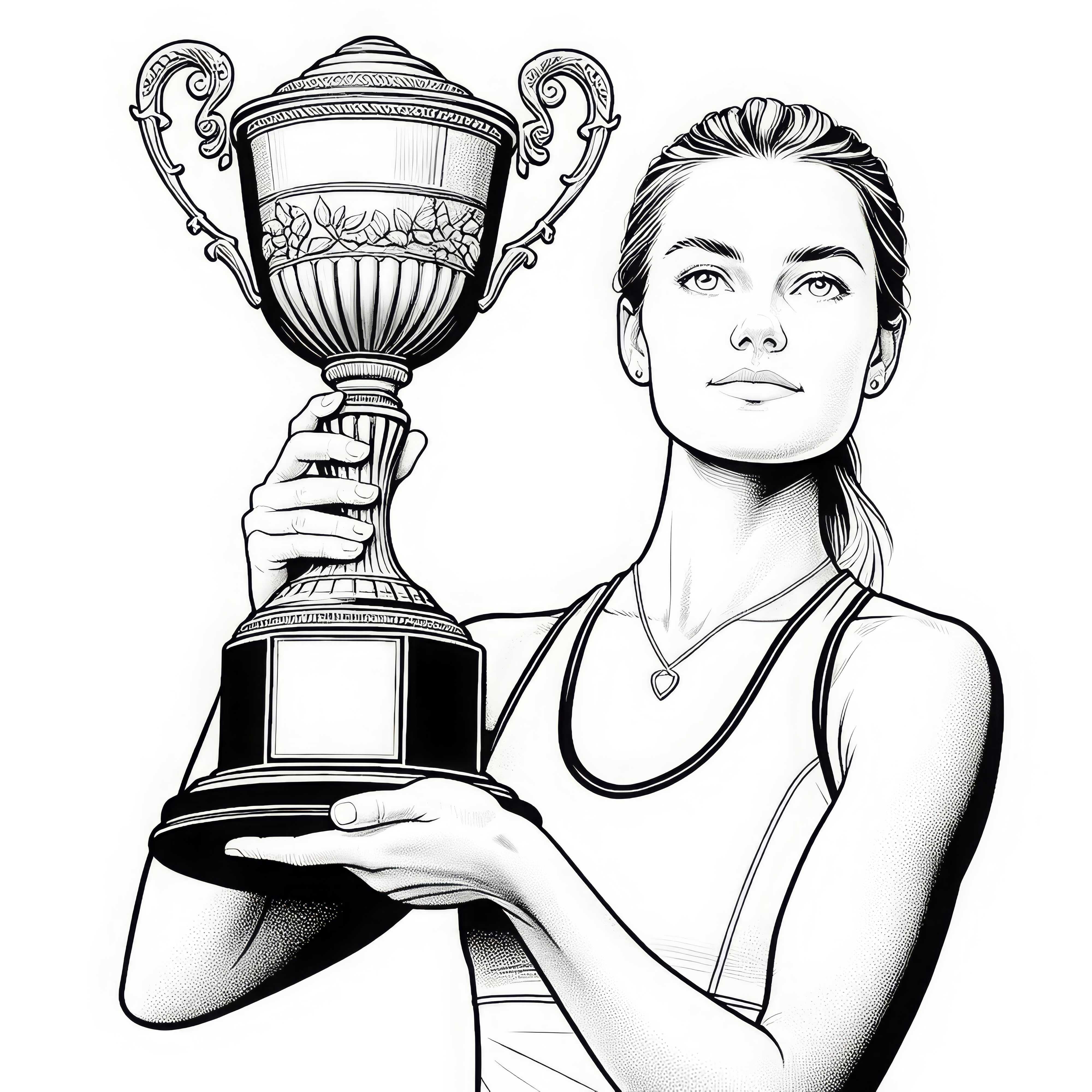 Jogadora de tênis segura orgulhosamente o troféu após a vitória no torneio – Desenho para colorir em qualidade detalhada