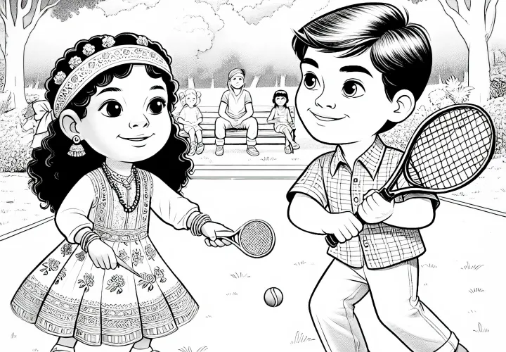 Children play tennis for fun in the park - detailed free coloring page