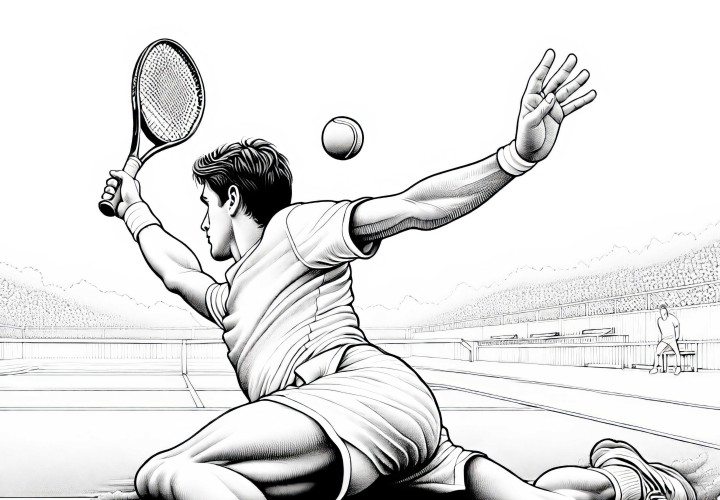 Jogador de tênis escorrega na quadra de terra batida para alcançar a bola – desenho para colorir gratuito