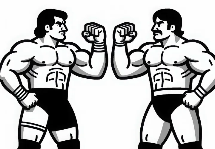 Two wrestlers face each other in the ring with raised fists - coloring page for free