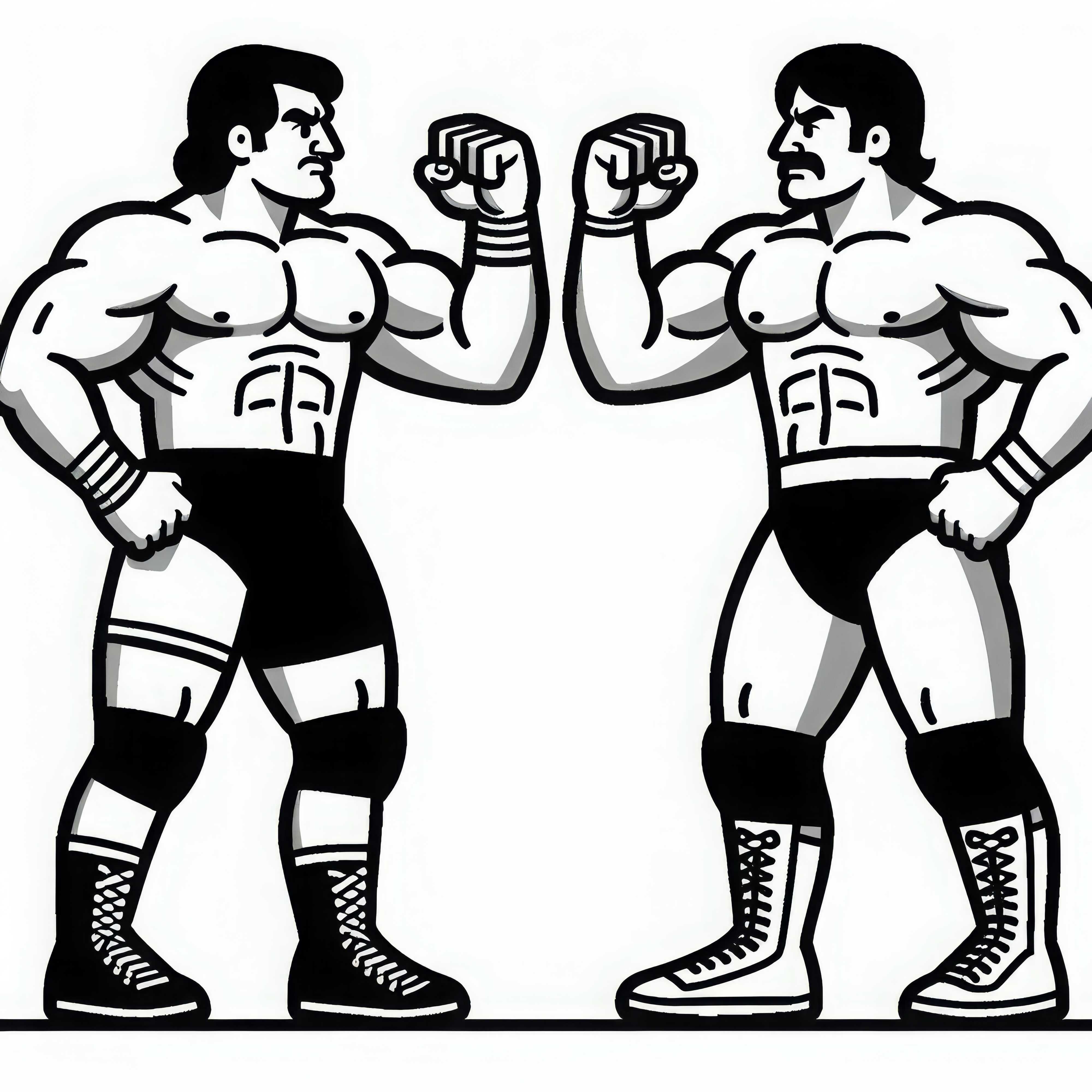 Du duos imtynininkai stovi vienas prieš kitą ant ringo, pakėlę kumščius – nemokama spalvinimo forma