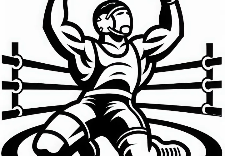 Wrestler celebrates victory with raised arms in the ring – Free coloring page