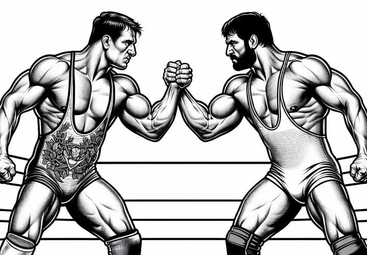 Two wrestlers face each other in the ring – detailed and free coloring page
