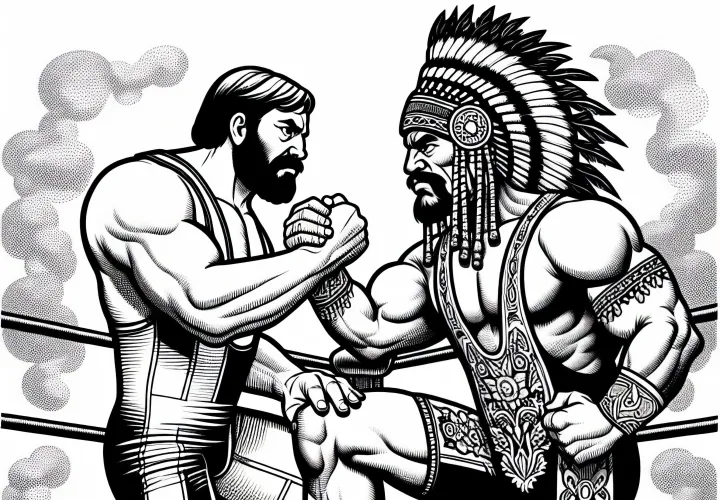 Two wrestlers are having a showdown in the middle of the ring - coloring page
