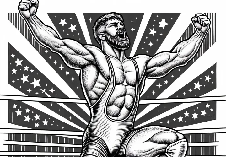Wrestler celebrates victory with raised arms in the ring – coloring page for young and old