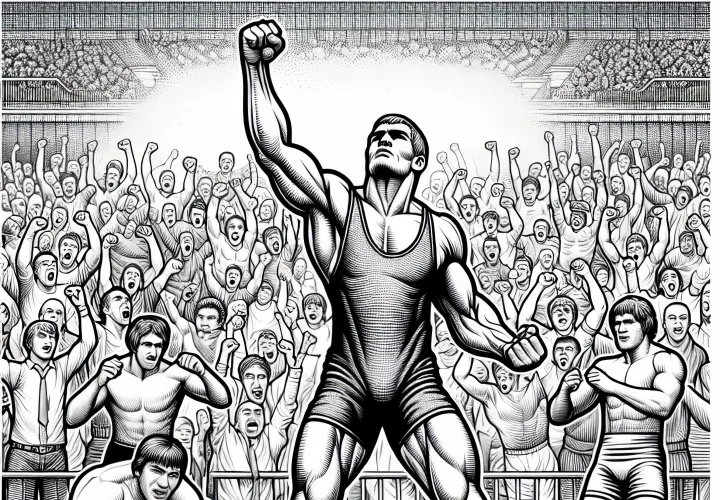Wrestler punches the air as the audience cheers – Free coloring page