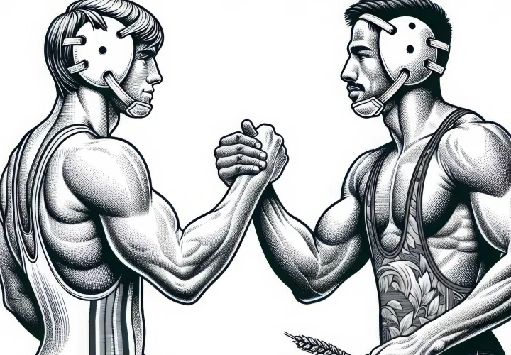 Two wrestlers shake hands after the match - coloring page