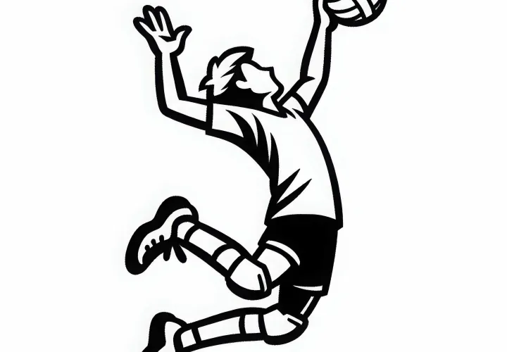 Volleyball player jumps high for a powerful spike – Coloring page free of charge